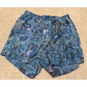 Vintage My Silk Men's 100% Silk Boxer Sleep Shorts Teal Blue Geometric Small